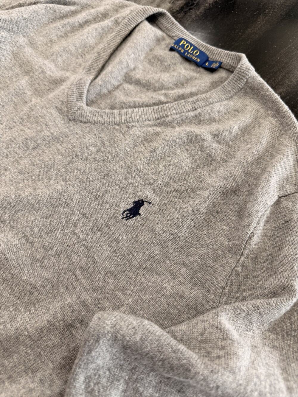 Polo Ralph Lauren 100% Wool V Neck Sweater Mens Large Gray Pony Logo Pullover